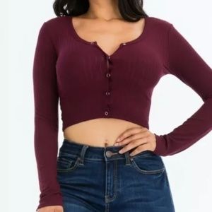 Snap Button Crop Ribbed Long Sleeve Cardigan  Top